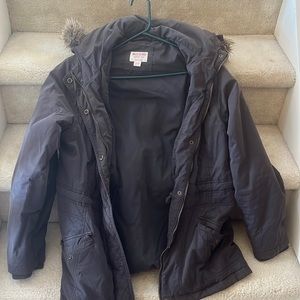 Grey winter coat with faux fur lined hood